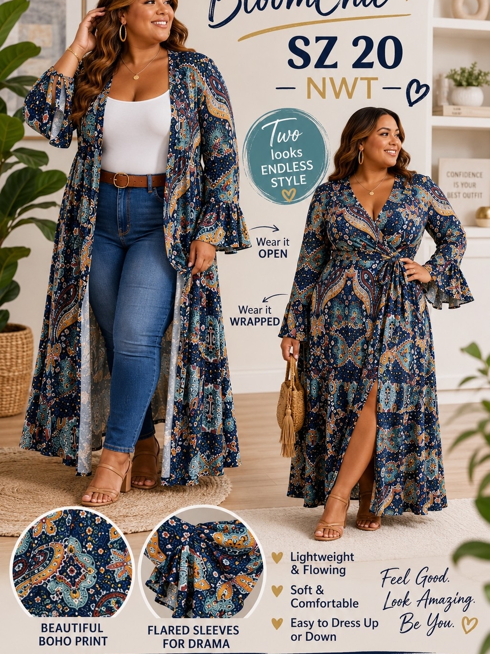 BloomChic Navy Blue Paisley Maxi Dress/Wrap Kimono